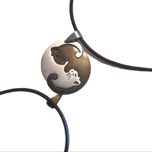 Interlocking Cats Gunmetal & Platinum Stainless Love Puzzle Necklace Set - NWT - Picture 3 of 13